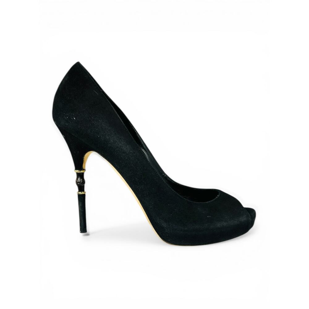 Gucci Black Suede Peep Toe Bamboo Stiletto Heels EU 39.5 Platform Pumps With Box